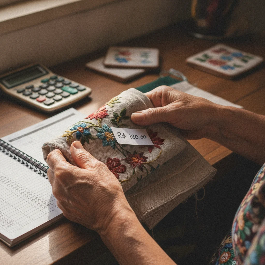 Artesã trabalhando em peça manual com foco em valorização do artesanato