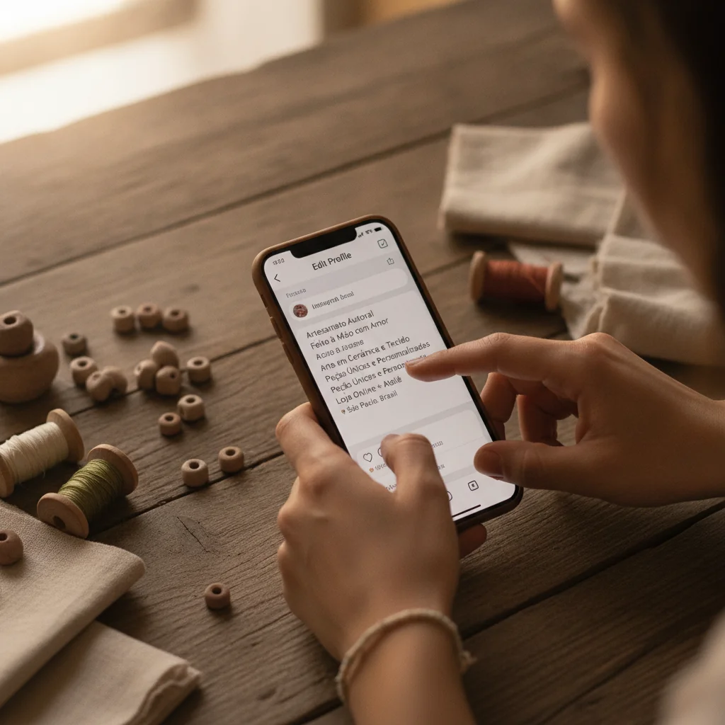 Artesã consultando o Instagram no celular para otimizar perfil e aparecer no Google