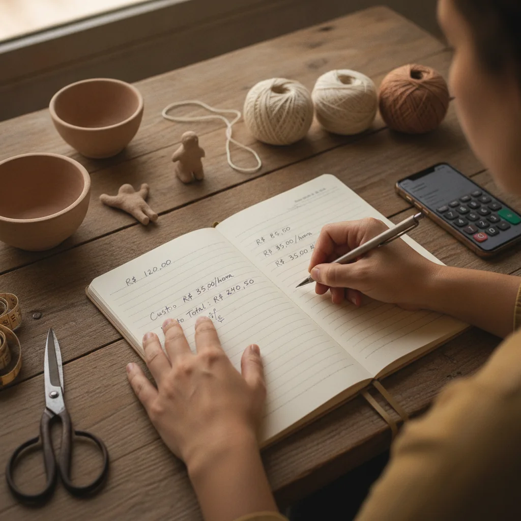 Artesã calculando o preço correto de suas peças artesanais