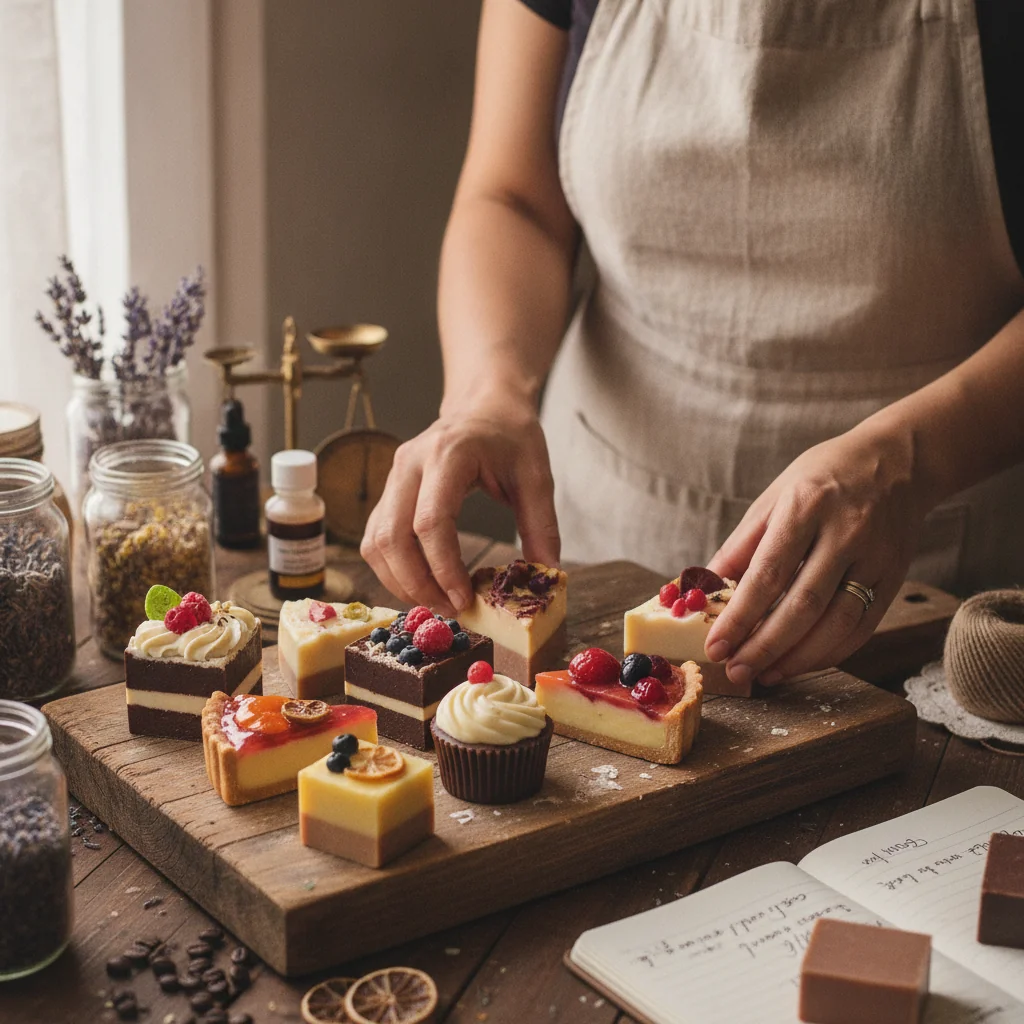 Sabonetes artesanais gourmet com aparência de sobremesas, dispostos em superfície clara com flores ao redor