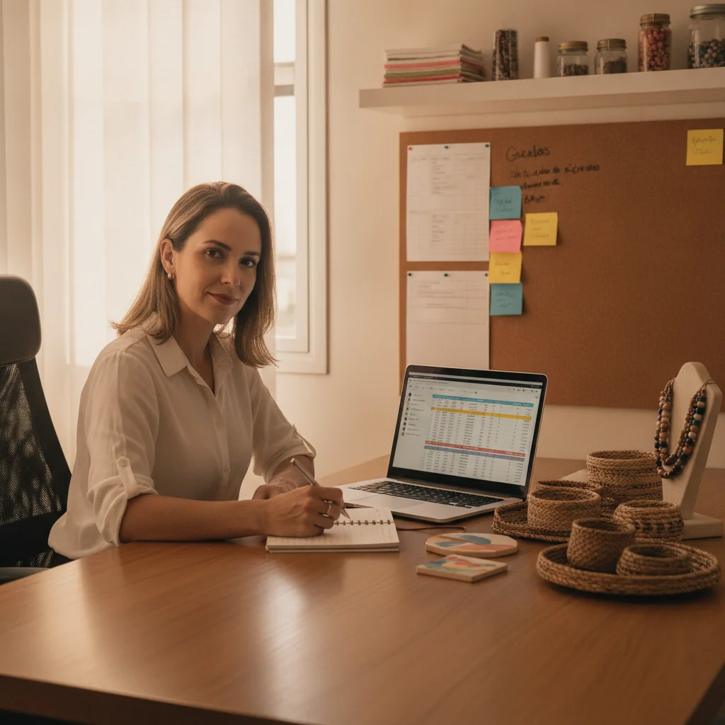 Artesã organizando planilhas e caderno de gestão ao lado do seu ateliê